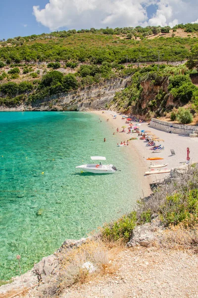 Vistas Panorámicas Playa Arena Makris Gialos Está Situado Costa Noroeste — Foto de Stock