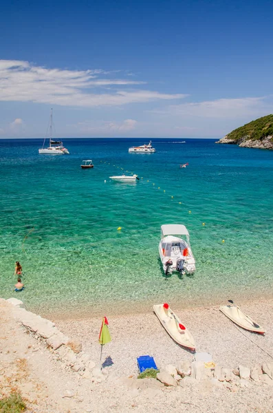 Uitzicht Het Zandstrand Van Makris Gialos Het Gelegen Aan Noordwestkust — Stockfoto