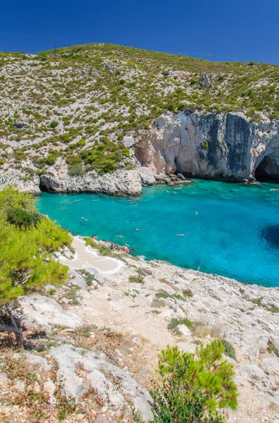 Praia Rochosa Pitoresca Porto Limnionas Está Situado Costa Oeste Ilha — Fotografia de Stock