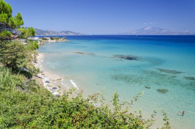 Yunanistan 'ın Zakynthos adasının doğu kıyısındaki kumlu plajın muhteşem manzarası.