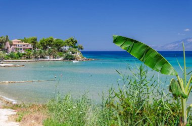 Yunanistan 'ın Zakynthos adasının doğu kıyısındaki Ammoudi köyündeki resimli kumlu plaj.