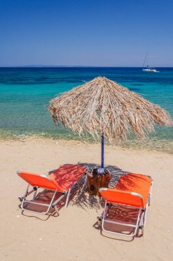 Güzel Porto Roma kumlu plajı. Yunanistan 'ın Zakynthos adasının güney doğu kıyısındaki Vassilikos yarımadasında yer almaktadır..