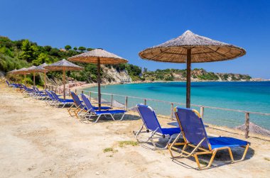 Güzel Porto Roma kumlu plajı. Yunanistan 'ın Zakynthos adasının güney doğu kıyısındaki Vassilikos yarımadasında yer almaktadır..