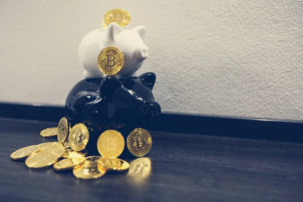 Bitcoin. Piggy bank in the background.