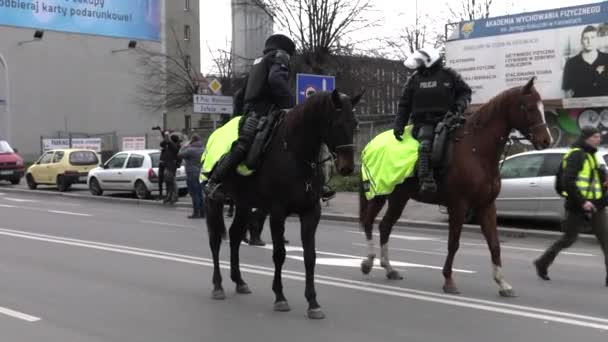Katowice Polen 2018 Polizisten Sichern Das Gelände Während Einer Protestaktion — Stockvideo