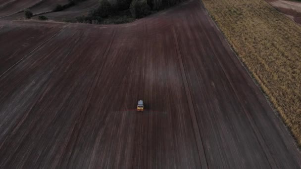 Traktör Buğday Uhd Sinematik Hava Görüntüleri Tarlasına Böcek Ilacı Püskürtüyor — Stok video
