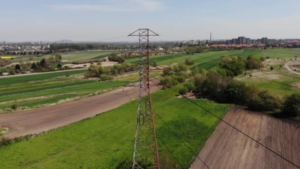 Strommasten Und Hochspannungsleitungen Einer Agrarlandschaft Hochspannungsmasten Stromübertragungsleitungen Uhd Film Luftaufnahmen — Stockvideo