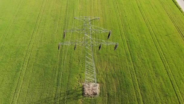 Stroommasten Hoogspanningsleidingen Een Landbouwlandschap Hoogspanningsmasten Elektriciteitstransmissielijnen Uhd Cinematic Luchtfoto — Stockvideo