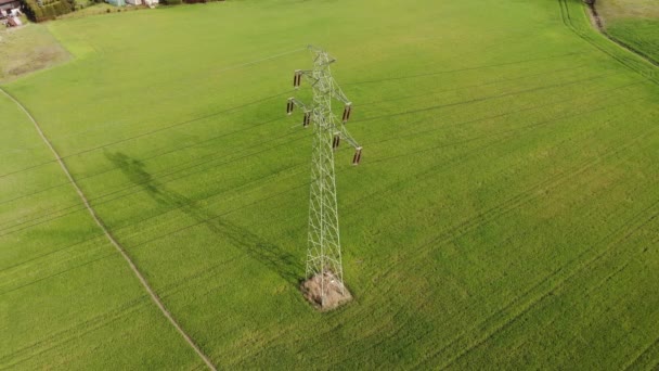 Strommasten Und Hochspannungsleitungen Einer Agrarlandschaft Hochspannungsmasten Stromübertragungsleitungen Uhd Film Luftaufnahmen — Stockvideo