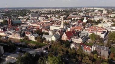 Opole , aerial view of Old Town and the river Oder. Poland, spring day. Drone shot on sunset time.4K, UHD, Cinematic