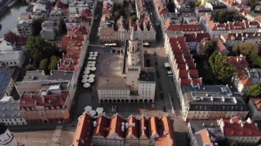 Opole , aerial view of Old Town and the river Oder. Poland, spring day. Drone shot on sunset time.4K, UHD, Cinematic