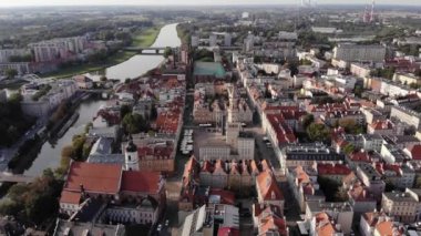 Opole , aerial view of Old Town and the river Oder. Poland, spring day. Drone shot on sunset time.4K, UHD, Cinematic