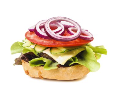 Beyaz arka planda izole edilmiş taze lezzetli burger.