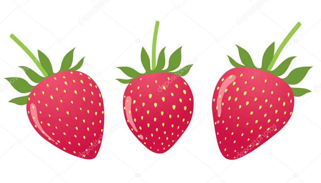 3 strawberries on white background.