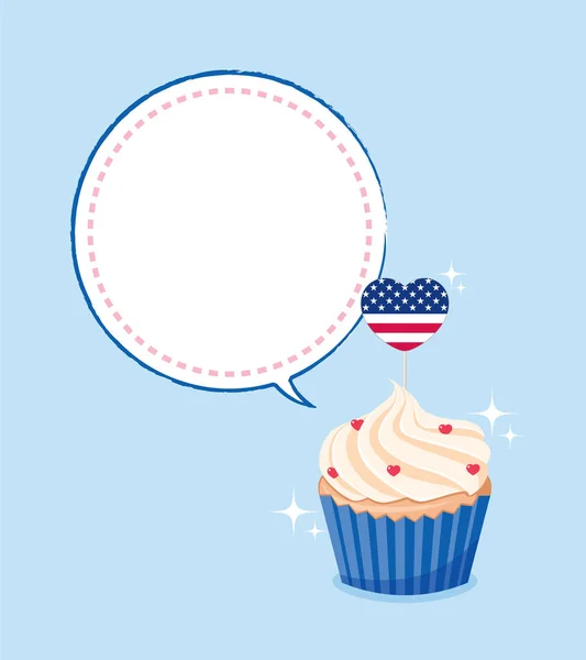 Cupcake con bolla vocale su sfondo blu.4 luglio . — Vettoriale Stock