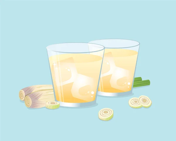 Glas Citron Gräs Juice Och Citrongräs Med Skiva Isolerad Blå — Stock vektor