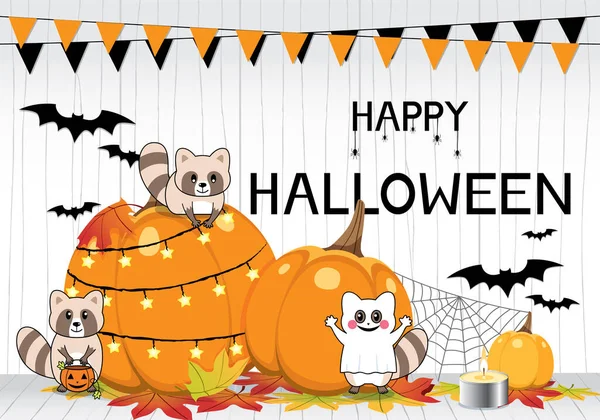 Tarjeta Felicitación Feliz Halloween Con Mapache Calabaza Diseño Vectorial — Vector de stock