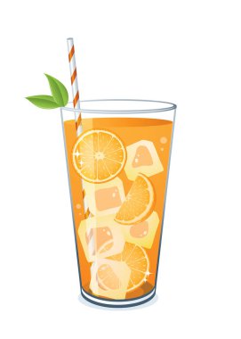 Beyaz arka planda izole edilmiş bir bardak portakal suyu ve buz..