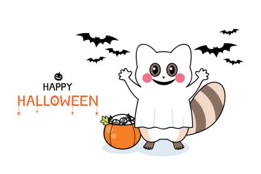 Cadılar Bayramı tebrik kartı. Rakun ve balkabağı kovalı Cadılar Bayramı yazı tipi..