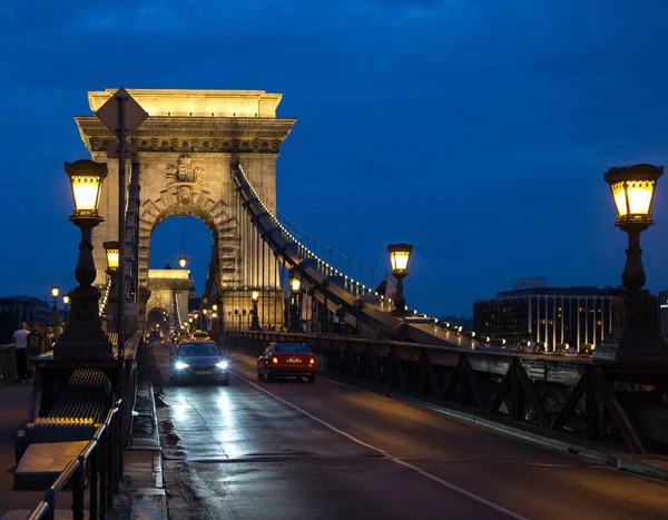 Nézd Világítást Hídon Éjszaka Budapest — Stock Fotó