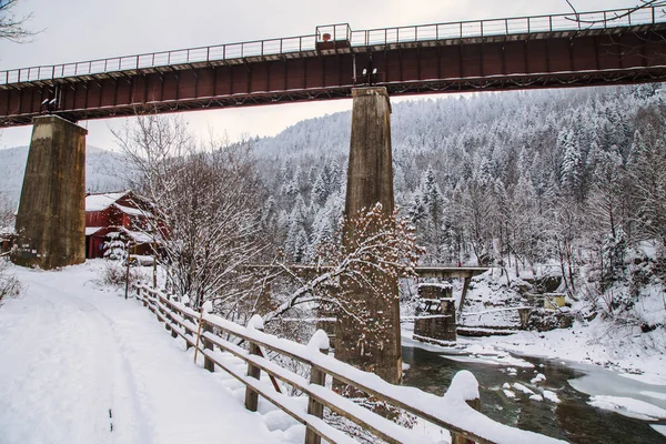 view of train bridge at winter season at Yaremche, Ukraine