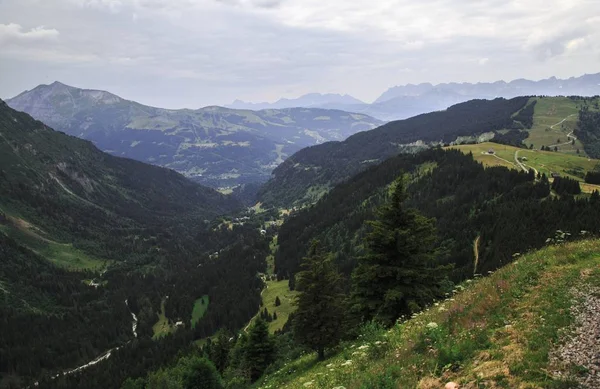 Άποψη Της Κοιλάδας Κοντά Στα Βουνά Του Montblanc Άλπεις Σαμονί — Φωτογραφία Αρχείου