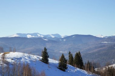 Yaremche, Ukrayna yakınındaki parlak gün dağlar görünümü kar kaplı