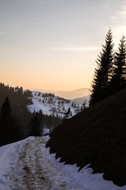 gündoğumu sırasında Verhovyna yakınındaki dağların doğal peyzaj 