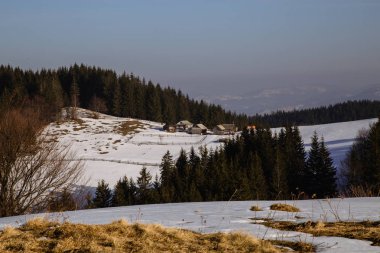Verhovyna Köyü'nde tepelerde Ukraynalı geleneksel mimarisinin görünümü