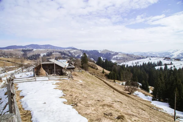 Weergave Van Sneeuw Bedekte Heuvels Buurt Van Verhovyna Dorp — Stockfoto