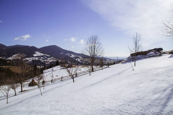 Pohled Sněhu Zahrnuty Kopci Nedaleko Vesnice Verhovyna — Stock fotografie