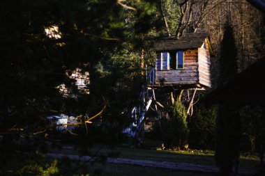 ahşap ev görünümünü Yaremche Köyü'nde ağaç üzerinde