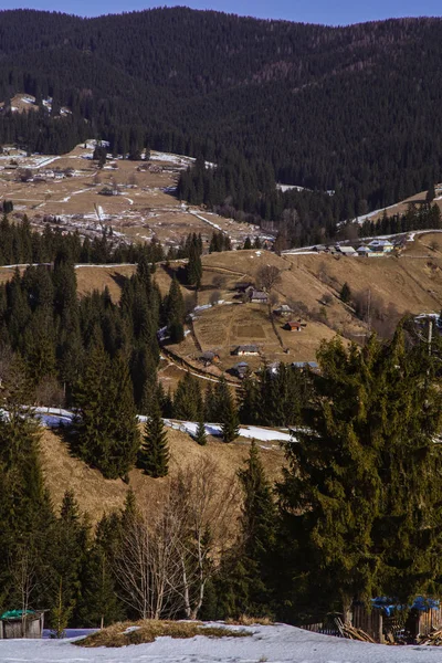 Weergave Van Sneeuw Bedekte Heuvels Buurt Van Verhovyna Dorp — Stockfoto