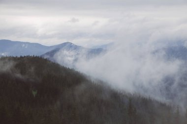 sisle çevrili Kukul Dağı'nın zirvelerinin görünümü, Yaremche, Ukrayna