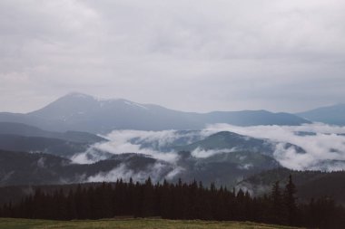 sisle çevrili Kukul Dağı'nın zirvelerinin görünümü, Yaremche, Ukrayna