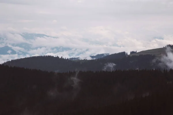 Utsikt Över Topparna Mount Kukul Omgiven Dimma Yaremche Ukraina — Stockfoto