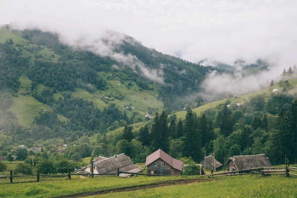 Сельский Пейзаж Деревянными Домами Зеленой Травой Карпатах — стоковое фото