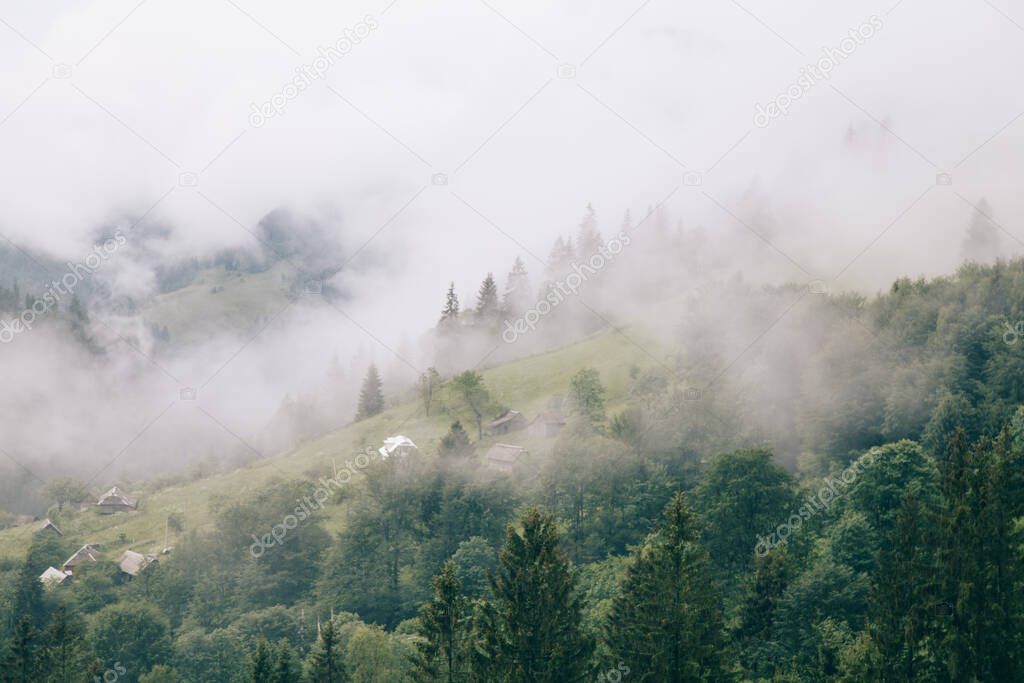 natural landscape with fog and clouds at Carpathian mountains, Ukraine 