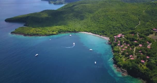 Aerial Drone view of a Tropical paradise beach surrounded by sea and jungle in the Caribbean island of St Lucia — Stock Video