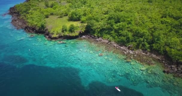Aerial drone view of two people snorkelling in the tropical waters of the Caribbean sea — Stock Video