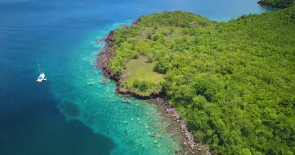 Vista aérea de dos personas haciendo snorkel en las aguas tropicales del mar Caribe — Vídeos de Stock