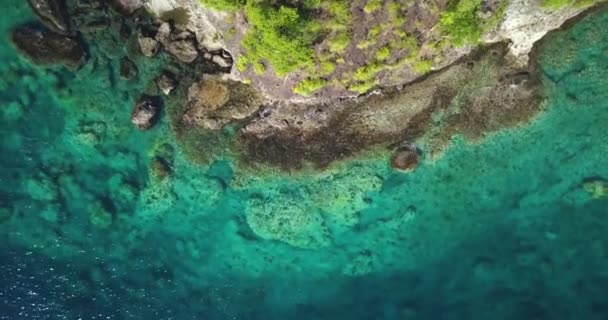 Luchtfoto van de Drone van een tropisch paradijs kustlijn over een Caribische eiland met turkoois water en kleine golven het raken van de rotsen — Stockvideo