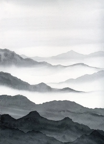 Aquarell Etüde Landschaft Die Berge Hintergrund Schwarz Weiß — Stockfoto