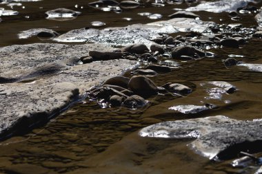 Akıntı, berrak su, alt, güneşli sabah, taş yapı, güneş parlaması, yumuşak odak, yakın çekim, üst açı.