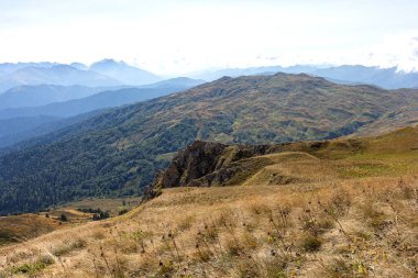 Sonbaharda dağların manzarası, doğanın koynunda dinlenme ve seyahat yeri subalpine otlaklarının dağlık bölgesinde..