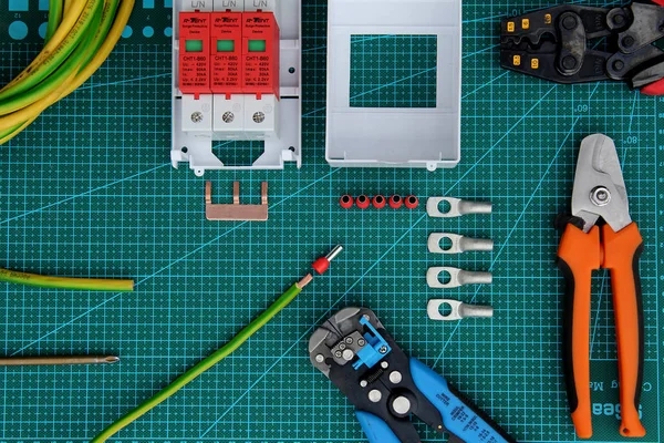 Electrical Components Tool Table Top View — Stock Photo, Image