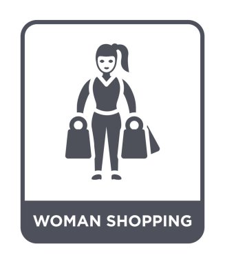 simge modaya uygun bir tasarım tarzı alışveriş kadın. Beyaz arka plan üzerinde izole simgesi alışveriş kadın. vektör simgesi basit ve modern düz sembolü alışveriş kadın.