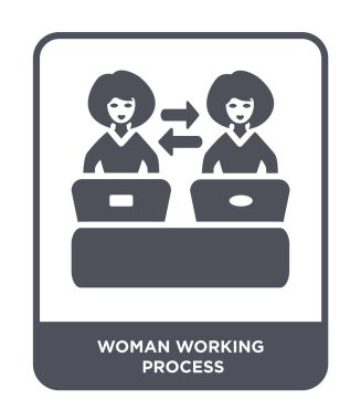 kadın çalışan işlem simgesi modaya uygun bir tasarım tarzı. Beyaz arka plan üzerinde izole kadın çalışma süreci kutsal kişilerin resmi. kadın çalışma işlemi vektör simgesi basit ve modern düz sembolü.