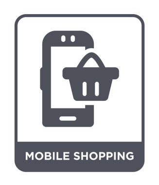 modaya uygun bir tasarım tarzı mobil alışveriş simgesi. Beyaz arka plan üzerinde izole mobil alışveriş kutsal kişilerin resmi. Mobil alışveriş vektör simgesi basit ve modern düz sembolü.
