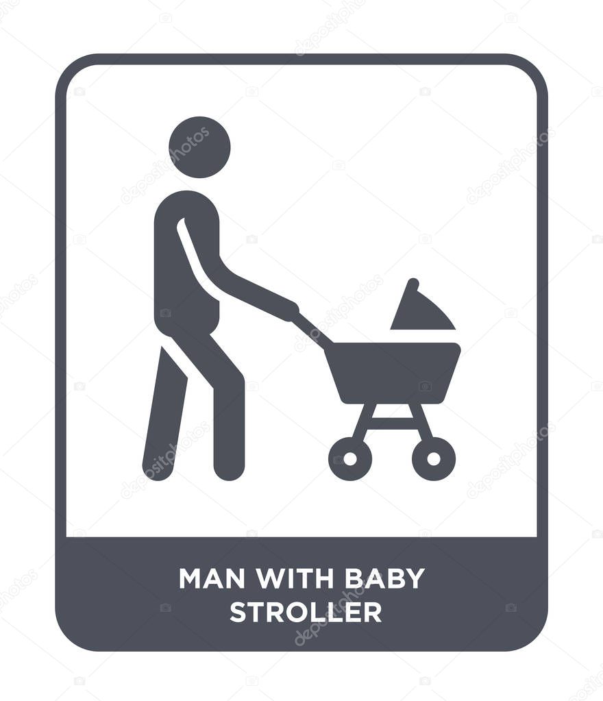 man with baby stroller icon in trendy design style. man with baby stroller icon isolated on white background. man with baby stroller vector icon simple and modern flat symbol.